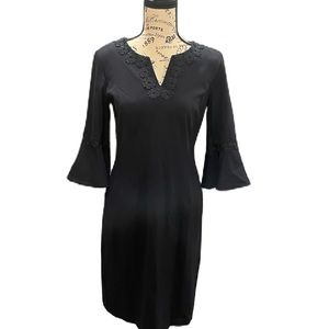Black Talbots dress size 4 with flared 3/4 sleeves and floral accents